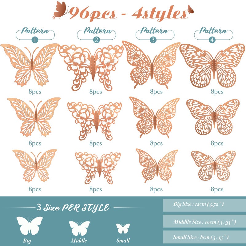 XUNXMAS 3D Gold Butterfly Wall Decor 3 Sizes 4 Styles Butterfly Party Decorations Cake Decorations Removable Stickers Wall Decor Room Mural Metallic Kids (Rose Gold, 96Pcs) - Image 2